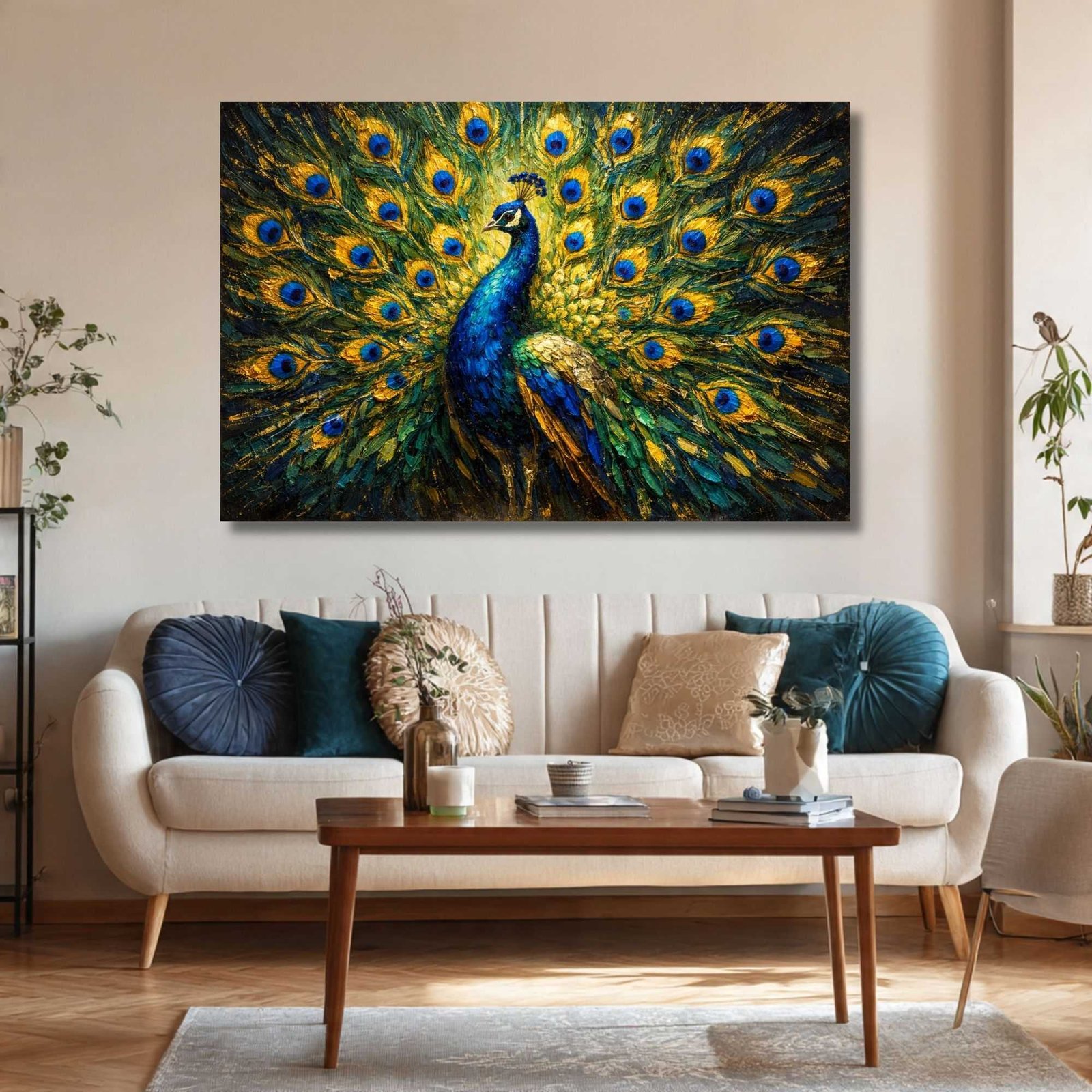 Luxury Peacock Canvas Wall Art | Elegant Framed Painting for Living Room
