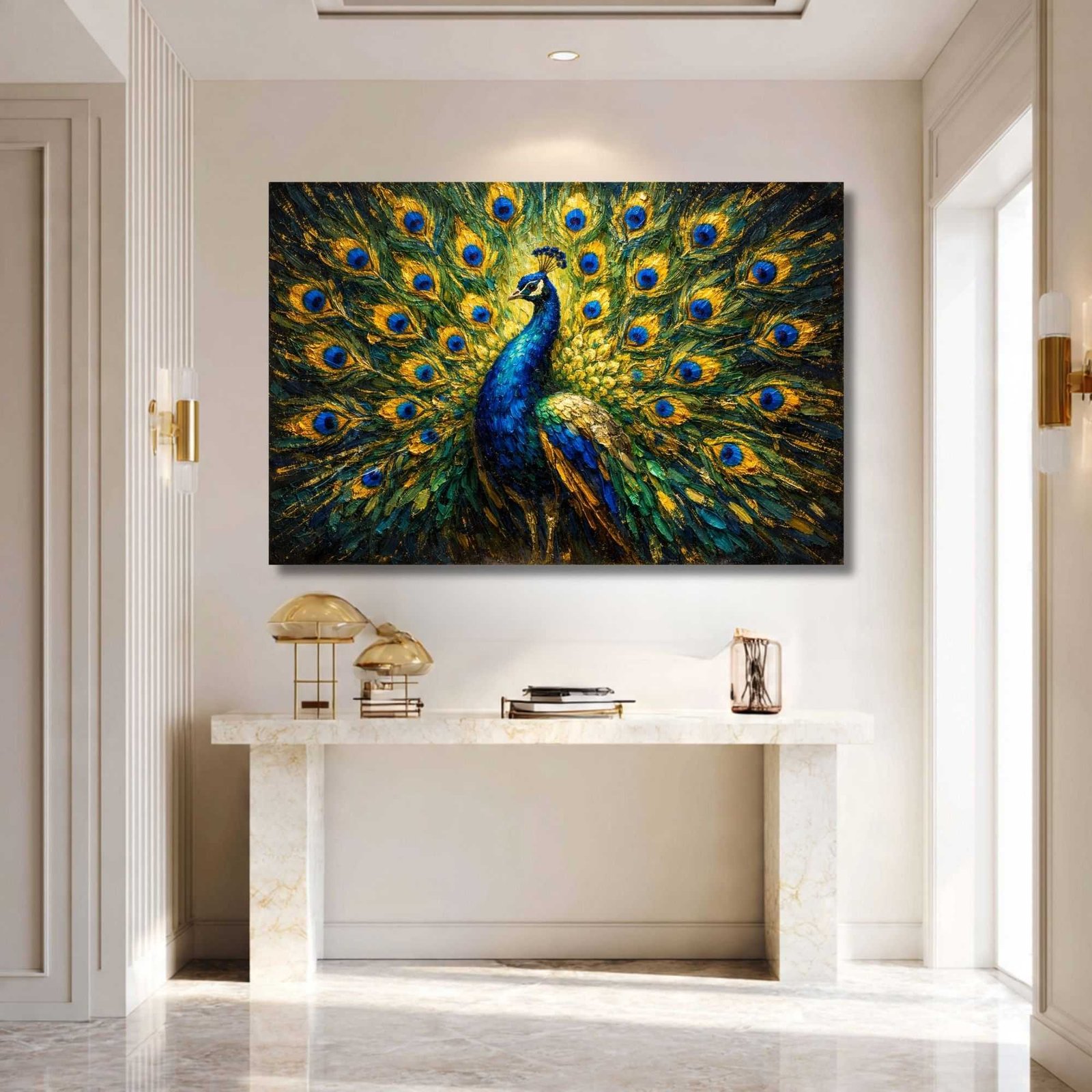 Luxury Peacock Canvas Wall Art | Elegant Framed Painting for Living Room