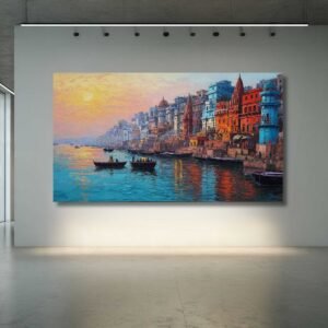 Colorful Oil Painting Style Varanasi Ghat Canvas Wall Art
